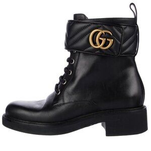 Gucci Black Leather Combat Boots Size 38 - Gold Hardware GG Logo interlocking